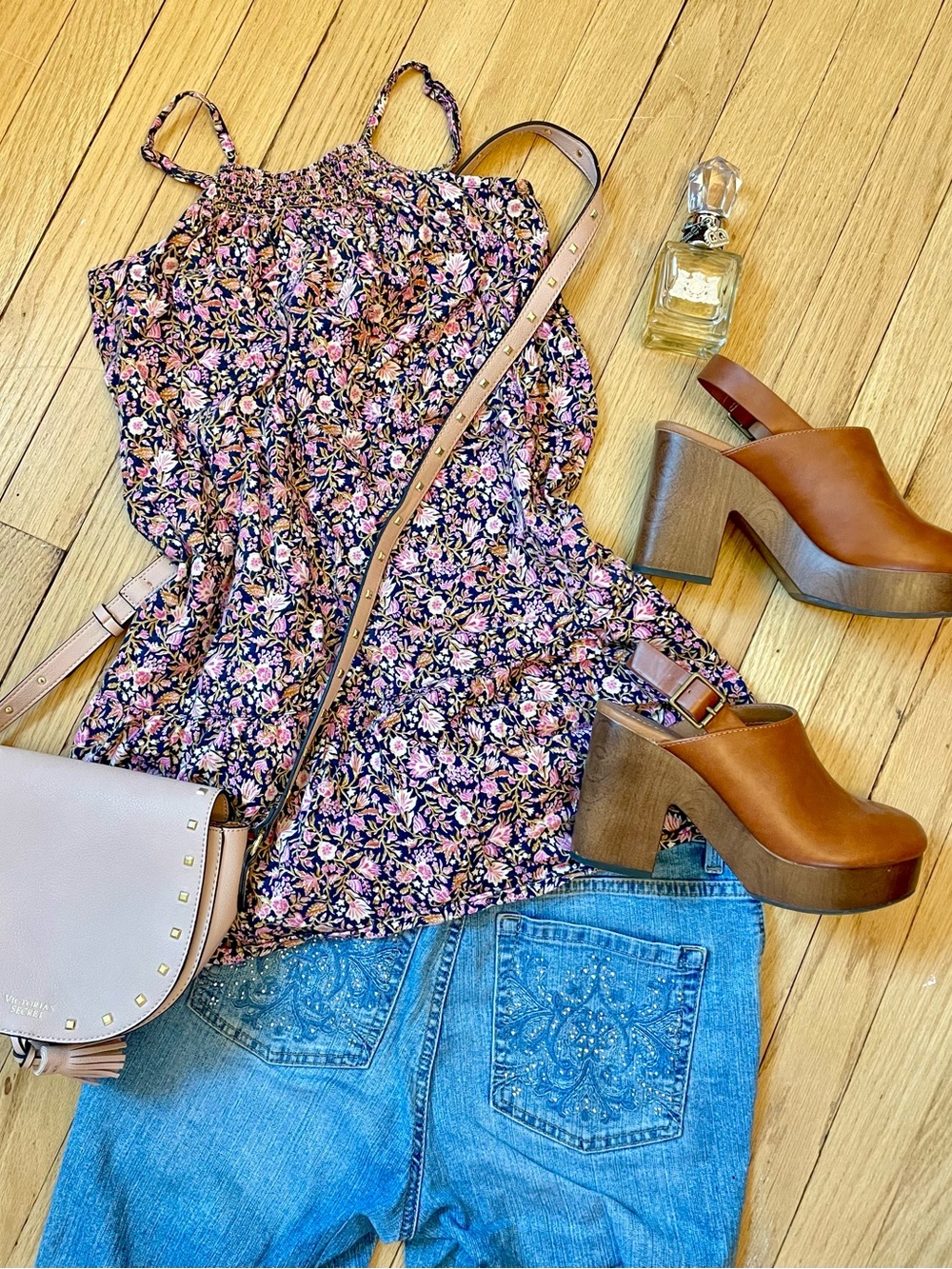 Old Navy Floral Smocked Cami Top in Black, Pink & Brown